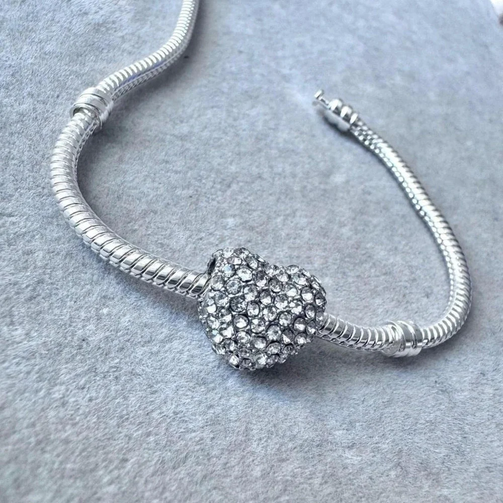 Crystal Heart Charm‎ Silver Tone fits PANDORA